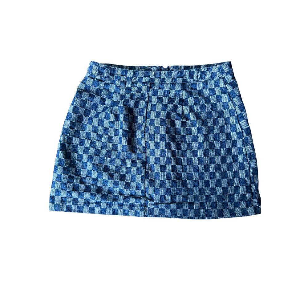 Wild Honey Denim Mini Skirt Womens XS Blue Checkerboard Checkered Y2K Zip Back